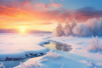 sunrise over the frozen lake
