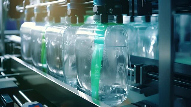 Detailed image ilrating the process of shrinkwrapping a bundle of beverage bottles in a specially designed plastic film, showcasing the heatsealing machinery at work.