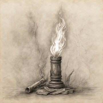 Painting of a burning fire torch. In sketch black and white
