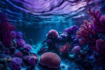 Fototapeta na wymiar A surreal underwater world with luminescent coral in a sea of purples and blues.