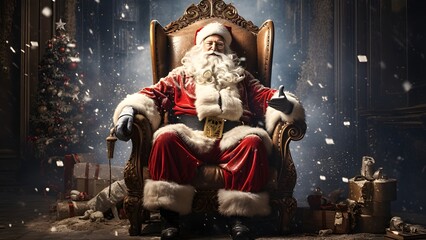 Der Weihnachtsmann wartet auf seinem Thron / Prachtvoller Santa sauf seinem Chefsessel / 16:9 Breitbild Weihnachts Poster / Frame TV Weihnachtsmann Wallpaper / Ki-Ai generiert