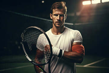Sport, active and male tennis player with a racket and ball standing on a court ready for a match, Closeup of a fit, strong and professional man with equipment touching a injury on his arm - obrazy, fototapety, plakaty