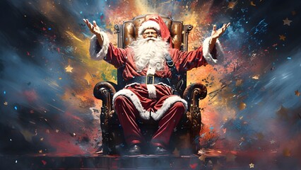 Obraz premium Der Weihnachtsmann grüßt von seinem Thron / Santa empfängt euch / Weihnachtsmann Poster / 16:9 Frame TV - Digital Christmas Art / Ki-Ai generiert