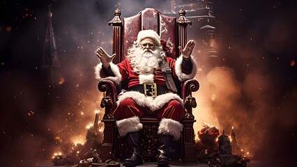 Weihnachtsmann auf dem Thron / Santa dämpft die Erwartungen mit einer Geste / Weihnachts Poster / Frame TV - Christmas Art / Ki-Ai generiert - obrazy, fototapety, plakaty