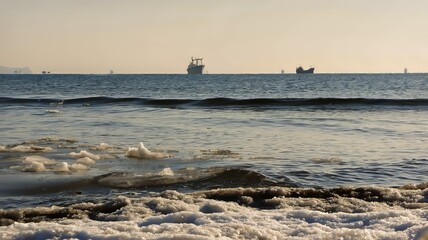 Winter seascape with ships on the horizon