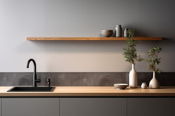 Interior of modern kitchen with countertop, sink, faucet and plant