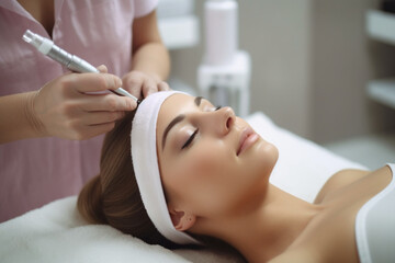 Obraz na płótnie Canvas Unrecognizable beautician performs facial treatment on a young woman at beauty salon
