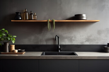 Interior of modern kitchen with countertop, sink, faucet and plant