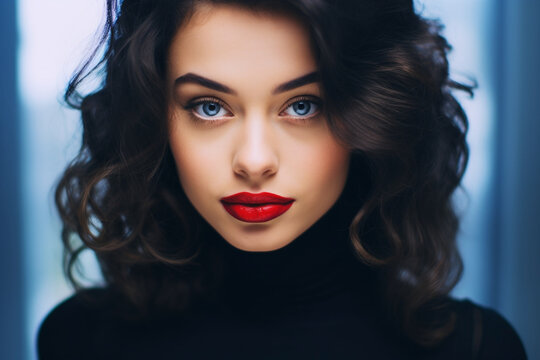 View through glass of crop young attractive brunette with wavy hair and red lips wearing black turtleneck looking at camera