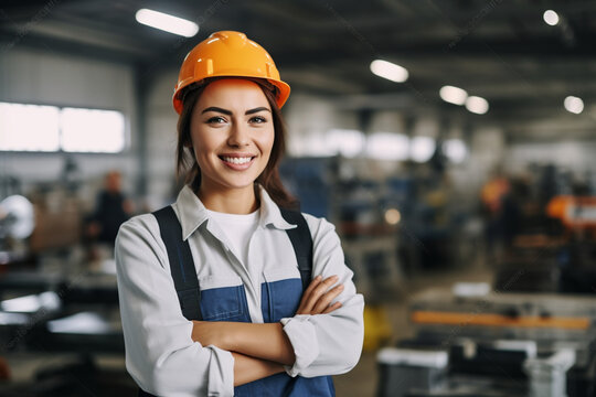 Waist up portrait of cheerful young woman wearing hardhat smiling happily looking at camera while enjoying work in production workshop