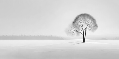 Minimalistic white winter landscape with one tree.