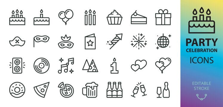 Party isolated icons set. Set of happy birthday celebration, cake, fireworks, heart balloons, party speaker, number candle, pirate hat, carnival mask, gift box, disco ball, beer mug vector icon