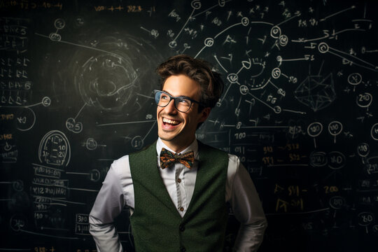 young cheerful professor in front of blackboard
