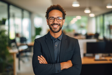 Young happy mixed race businessman standing with his arms crossed working alone in an office at work, One expert proud hispanic male boss smiling while standing in an office - obrazy, fototapety, plakaty