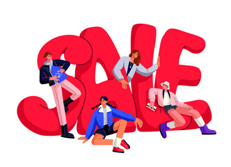 Discounts concept. Happy tiny people pose near word Sale, big letters. Customers, buyers, shoppers buy in stores on price off. Shopping on Black Friday. Flat vector illustration isolated on white