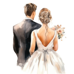 Fototapeta na wymiar Bride and Groom Watercolor Beautiful Wedding Couple, Back View, png