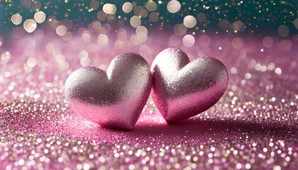 Fototapeta premium A pair of 3D rendered Glitter Hearts on a Glitter Bokeh Background. For Valentine's day, Mother's day, Wedding or Love related events.