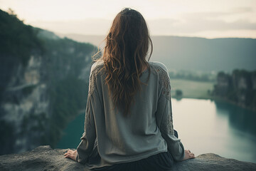 Young woman sitting on edge looks out at view - obrazy, fototapety, plakaty