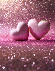 Fototapeta premium A pair of 3D rendered Glitter Hearts on a Glitter Bokeh Background. For Valentine's day, Mother's day, Wedding or Love related events.