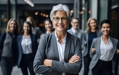 Head shot portrait smiling multiethnic employees group with mature businesswoman executive team leader looking at camera, happy diverse colleagues posing for photo in office, unity and cooperation	 - obrazy, fototapety, plakaty