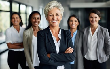 Obraz premium Head shot portrait smiling multiethnic employees group with mature businesswoman executive team leader looking at camera, happy diverse colleagues posing for photo in office, unity and cooperation 
