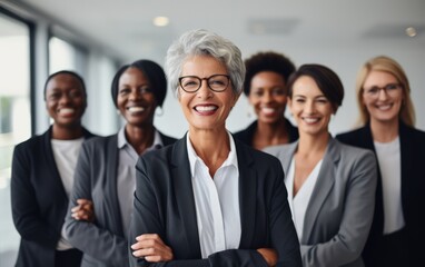 Obraz premium Head shot portrait smiling multiethnic employees group with mature businesswoman executive team leader looking at camera, happy diverse colleagues posing for photo in office, unity and cooperation 