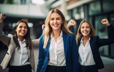 Obraz premium Portrait of a successful businesswoman standing in office with colleagues in background. Happy looking female professional with her arms crossed.