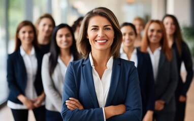 Portrait of a successful businesswoman standing in office with colleagues in background. Happy looking female professional with her arms crossed.