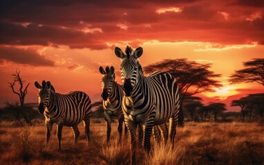 Fototapeta na wymiar African zebras at sunset in the National Park.