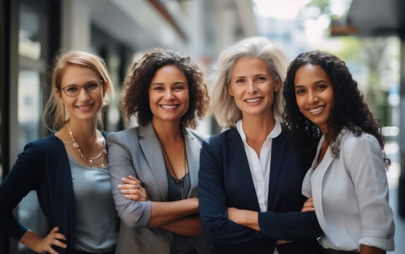 Head shot portrait smiling multiethnic employees group with mature businesswoman executive team leader looking at camera, happy diverse colleagues posing for photo in office, unity and cooperation	
