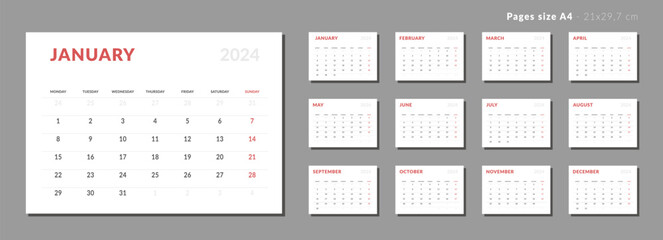 Set of Monthly page Calendar Planner Template on 2024. Vector layout horizontal of a wall or desk calendar with week start Monday. Pages for size A4 or 21x29.7 cm. Isolated Calendar grid for print.