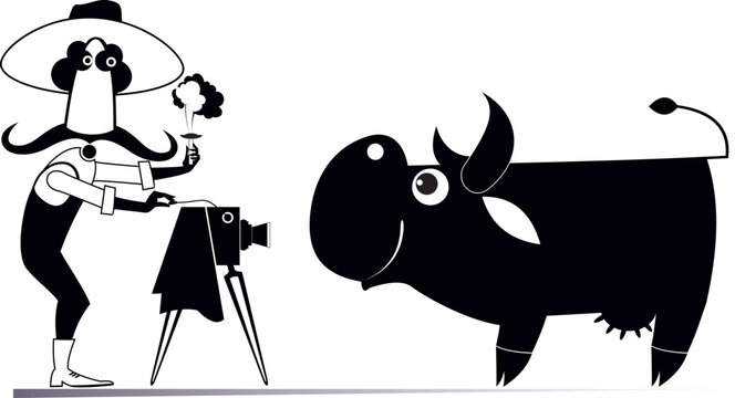 Cartoon farmer takes a photo of the cow. 
Cattle farm. Funny long mustache man in the hat takes a photo of the cow. Black and white illustration

