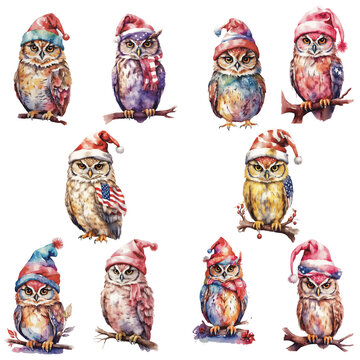 set of Owls watercolor cilpart transparent background.