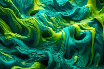 Liquid turquoise and neon yellow flowing in a surreal liquid dream.