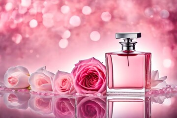 Obraz na płótnie Canvas pink perfume container mockup , rose flavoured cosmetics flacon template