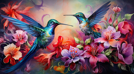 Enchanting hummingbirds exploring a fantastical garden of oversized, vivid flowers Ai Generative