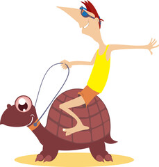 Young man rides on the turtle. 
Summer. Young man in sunglasses riding on the tortoise
