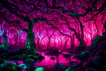 A surreal liquid forest of jade and sapphire under a fluorescent pink canopy.