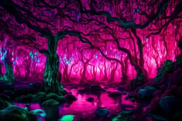 Badezimmer Foto Rückwand A surreal liquid forest of jade and sapphire under a fluorescent pink canopy. ©  ALLAH LOVE