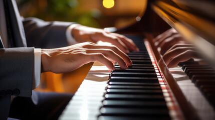 pianist hands on piano keys, music, concert, melody, etude, symphony, sonata, composition, opera, play, musician, performance, musical instrument, fugue, nocturne, stage, play, fingers, chord, notes - obrazy, fototapety, plakaty