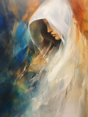 oil painting young woman wearing a white cloth Revealing only a little face gives a mysterious feeling