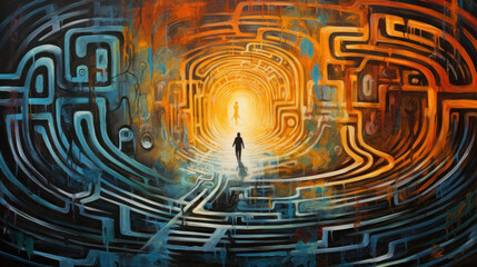 A maze that no matter how much you look for the exit, you can't find it. It's like a problem that has no solution. oil painting - obrazy, fototapety, plakaty