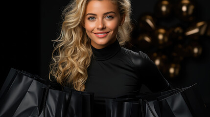 Fototapeta na wymiar beautiful stylish young rich woman in black clothes on a dark shiny background, shopping, glamor, luxury, portrait, girl, face, smile, sale, beauty, outfit, lifestyle, wealth, elite, space for text
