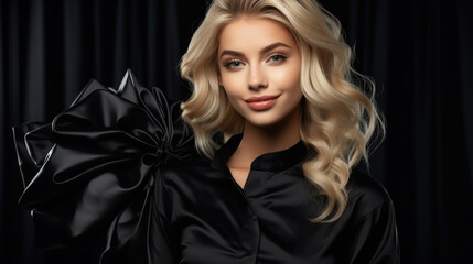 beautiful stylish young rich woman in black clothes on a dark shiny background, shopping, glamor, luxury, portrait, girl, face, smile, sale, beauty, outfit, lifestyle, wealth, elite, space for text