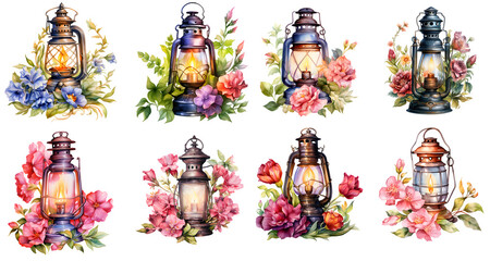 Oil lamp with flower watercolor illustration clipart. Generative AI