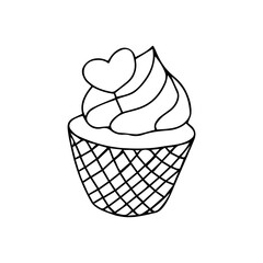 Hand drawn cute cupcake in waffle cup with cream and a heart shaped topper. Doodle Love symbols holiday clipart. Valentine s Day concept. Isolated on white background