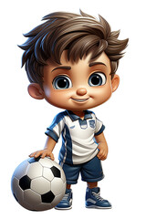 happy soccer football player boy with a ball on a white isolated background. Cartoon character