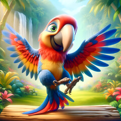 Vibrant Animated Parrot Spreading Wings in Lush Jungle Setting - Concept of Wildlife, Tropical Beauty, and Exotic Birds in Animation