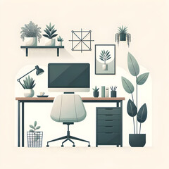 Minimalist Illustration of Modern Home Office Setup with Sleek Desk and Ergonomic Chair - Concept of Remote Work, Productivity, and Home Decor