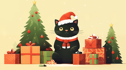 Christmas Cat in a Christmas Costume and Christmas Tree with Presents, Cartoon